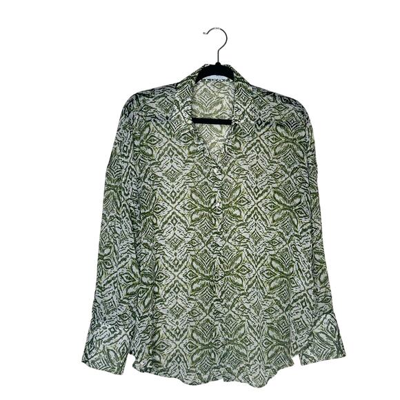 Zara Flowy Lightweight Green and White Abstract Print Long Sleeve Blouse - Picture 9 of 12